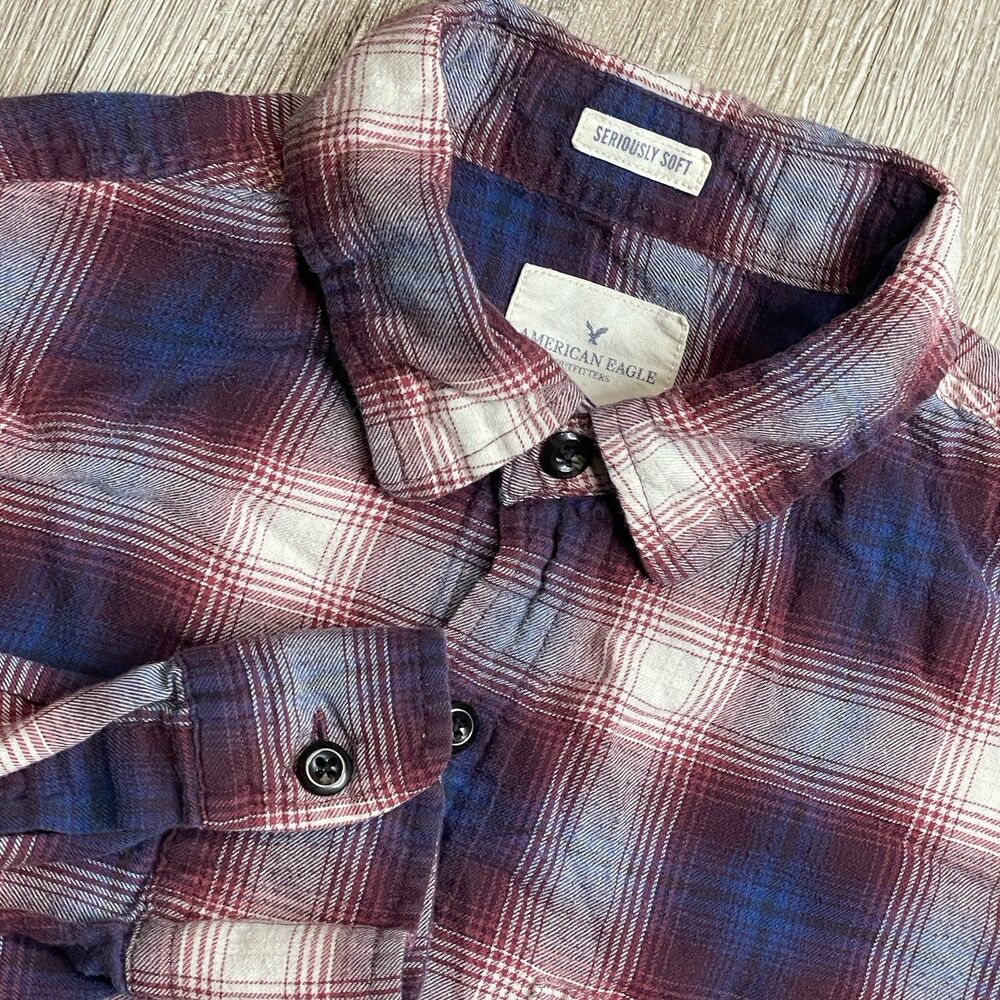 AMERICAN EAGLE LONG SLEEVE SHIRT RED BLUE PLAID CLASSIC FIT W/POCKET Medium Tall